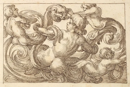 Horizontal Panel Design with Four Hybrid Male Figures and a Fantastical Creature Interspersed between Acanthus Rinceaux