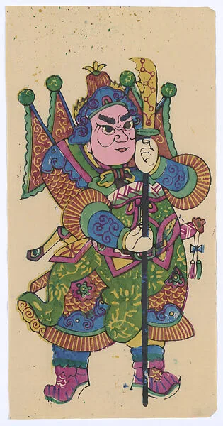 現代 佚名 立刀門神(左) 彩印木刻年畫 廣東佛山|New Year Picture of Door God with Knife-mounted Pole (left one of a pair) — Unidentified