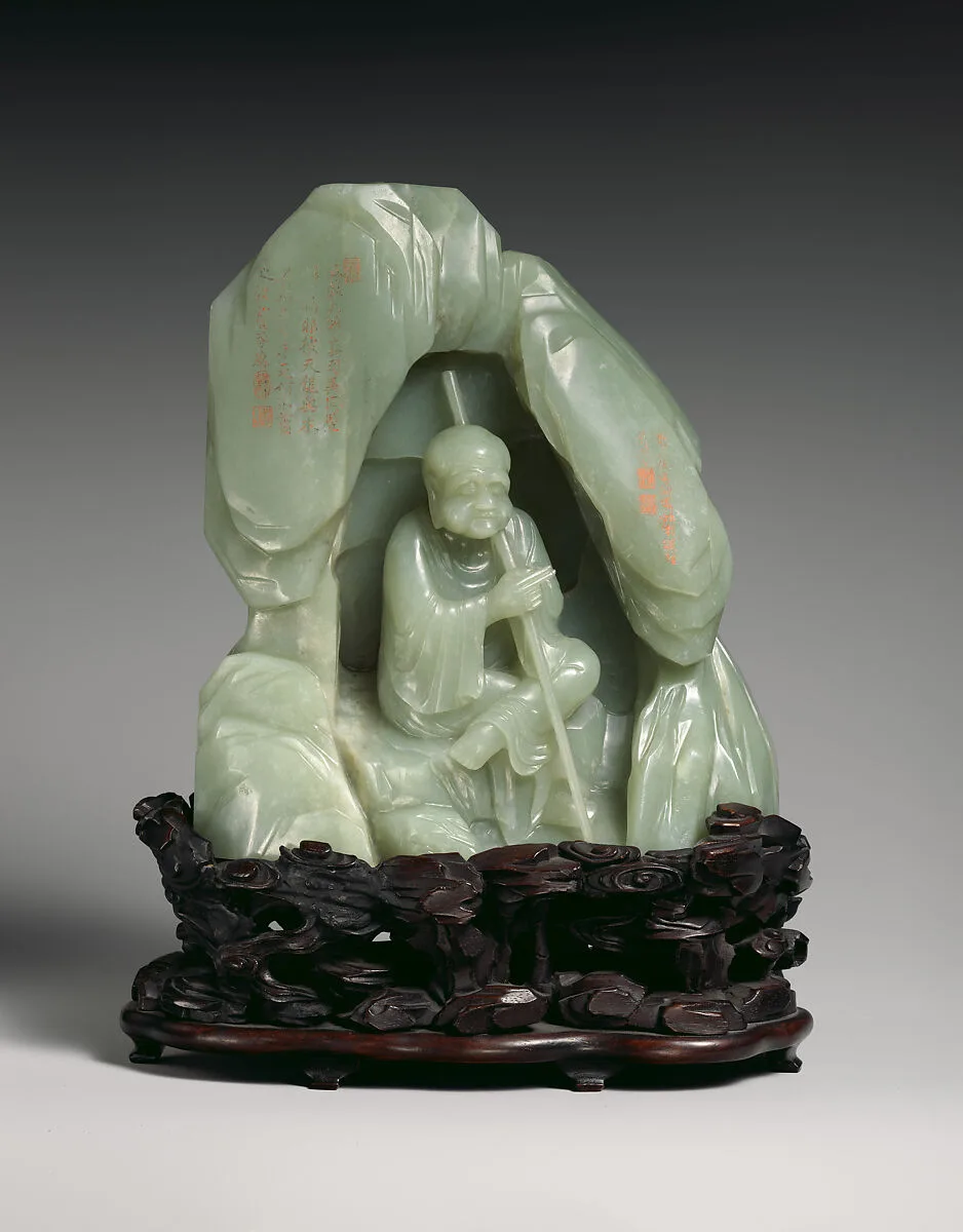 清中期 玉雕羅漢山子|Seated luohan (arhat) in a grotto — Unknown