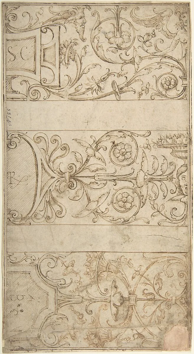 Antique-Style Ornamental Frieze Design: Lettered Panels, Rinceaux, and Masks — Anonymous, Italian, 16th century