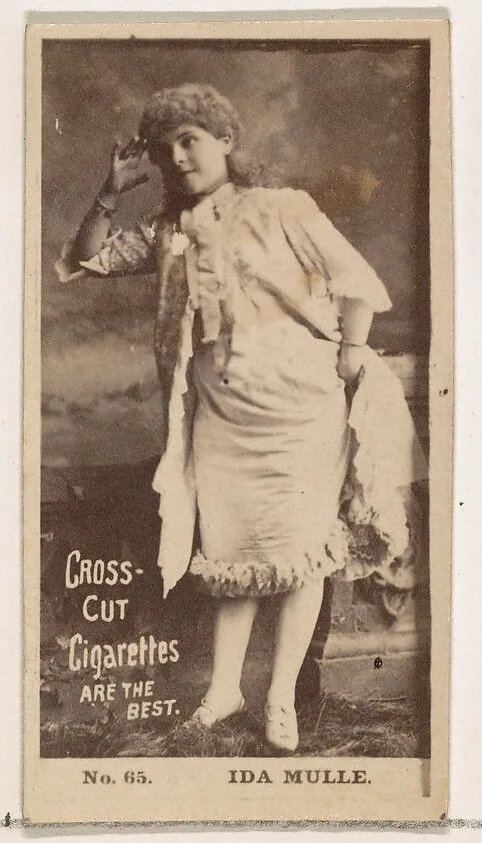 Card Number 65, Ida Mulle, from the Actors and Actresses series (N145-2) issued by Duke Sons & Co. to promote Cross Cut Cigarettes — W. Duke, Sons & Co.