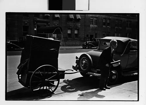 [Three 35mm Film Frames: Man and Covered Pull-Cart on Street, New York City]