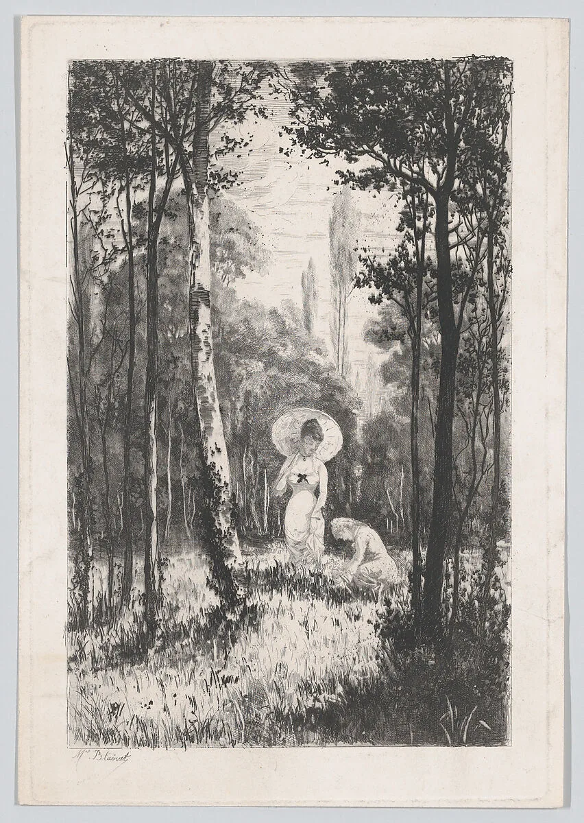 Two women in a clearing in the woods, one holding a parasol, the other seated in the grass — Marcel Blairat