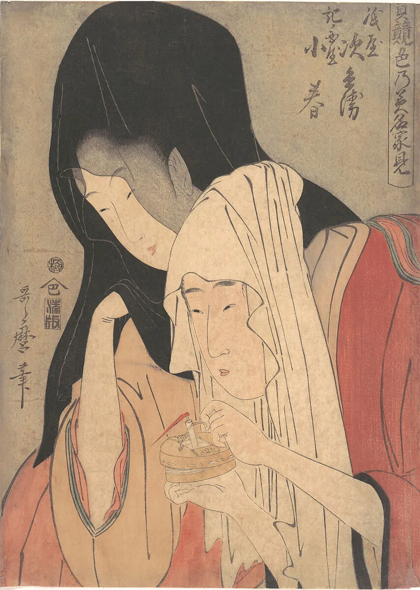 実競色乃美名家見 紙屋次兵衛 紀ノ国屋小春|Jihei of Kamiya Eloping with Koharu of Kinokuniya — Kitagawa Utamaro