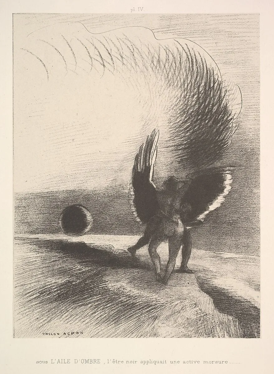In the shadow of the wing, the black creature bit — Odilon Redon