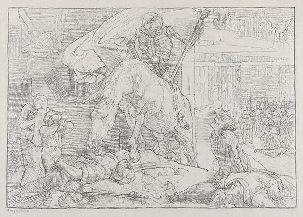 Dance of death, with a skeleton on horseback at center surrounded by corpses and mourners — Alfred Rethel|Oskar Bangemann