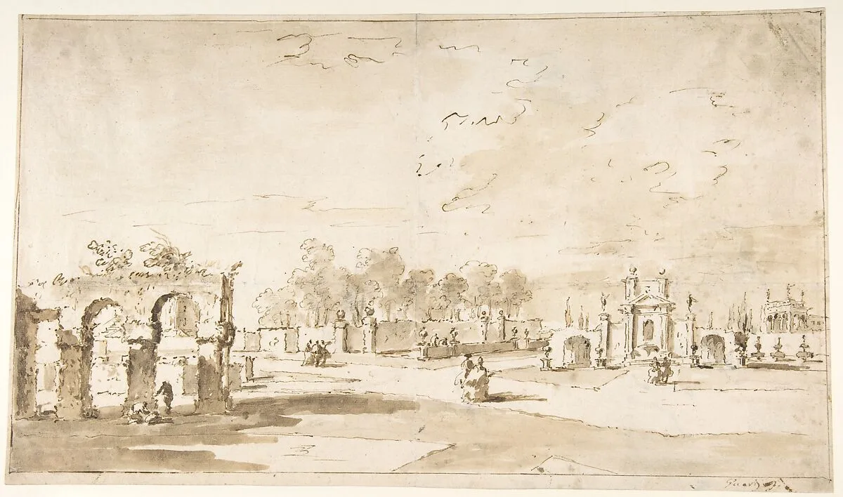 Gardens of the Villa Correr, near Strà (recto); Study for The Transverberation of Saint Teresa of Jesus and a Study of Hands (verso) — Francesco Guardi