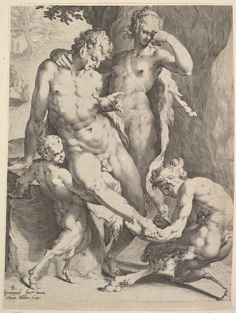 Oreads Removing a Thorn from a Satyr's Foot — Bartholomeus Spranger|Jan Muller