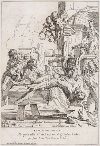 The martyrdom of Saint Erasmus who is prostrate having his innards removed
