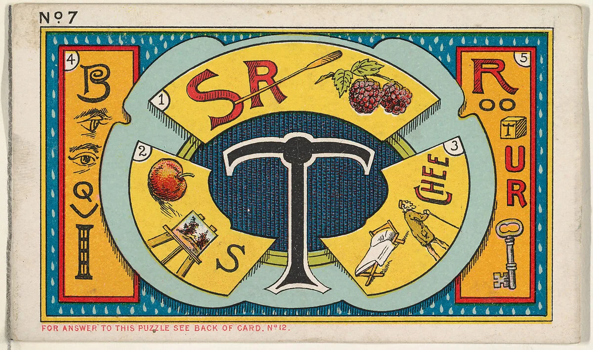Puzzle Card Number 7, Tea Puzzle, from the Jokes series (N118) issued by Duke Sons & Co. to promote Honest Long Cut Tobacco — W. Duke, Sons & Co.|Armstrong & Co.