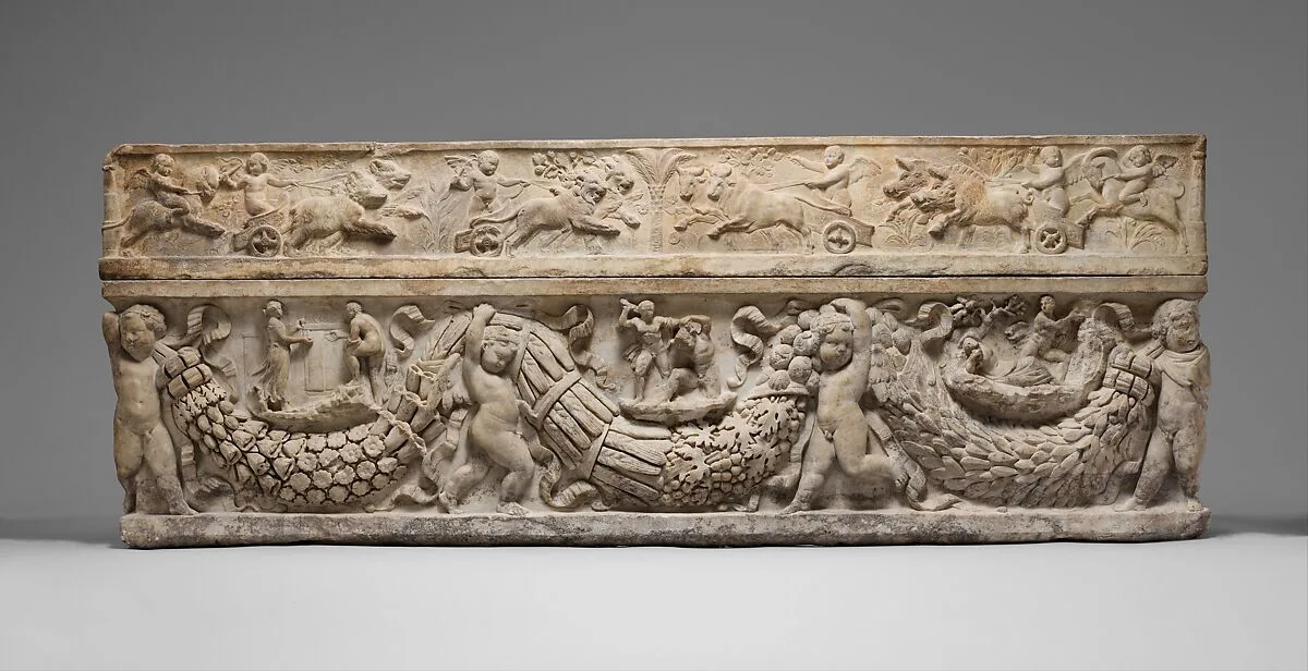 Marble sarcophagus with garlands and the myth of Theseus and Ariadne — Unknown