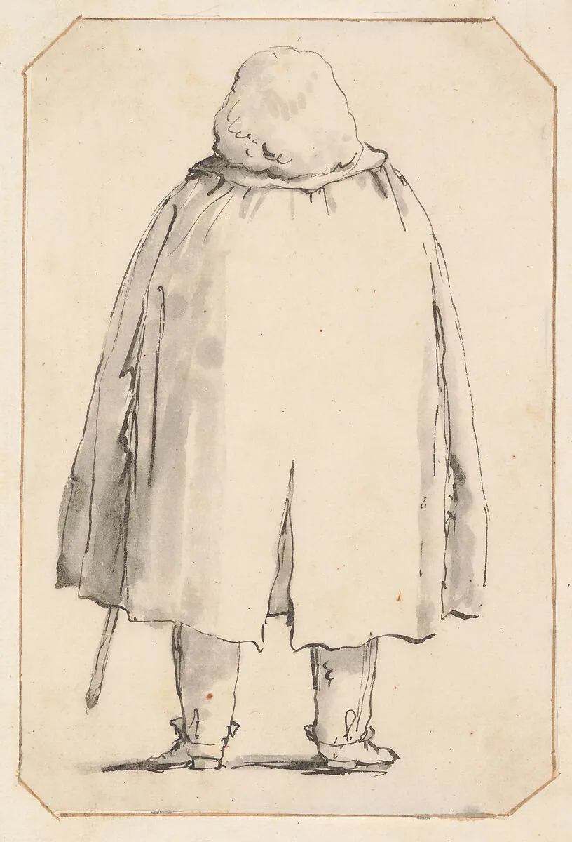 Caricature of a Man in a Voluminous Cloak, Carrying a Walking Stick, Seen from Behind — Giovanni Battista Tiepolo