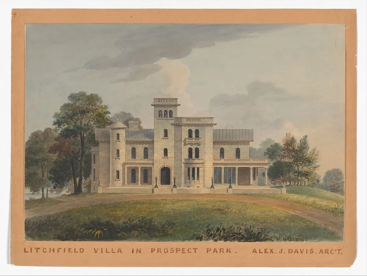 Grace Hill for Edwin C. Litchfield, Brooklyn, New York (front elevation) — Alexander Jackson Davis