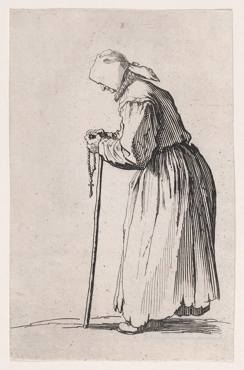 La Mendainte au Rosaire (The Beggar with a Rosary), from Les Gueux suite appelée aussi Les Mendiants, Les Baroni, ou Les Barons (The Beggars, also called the Barons) — Jacques Callot