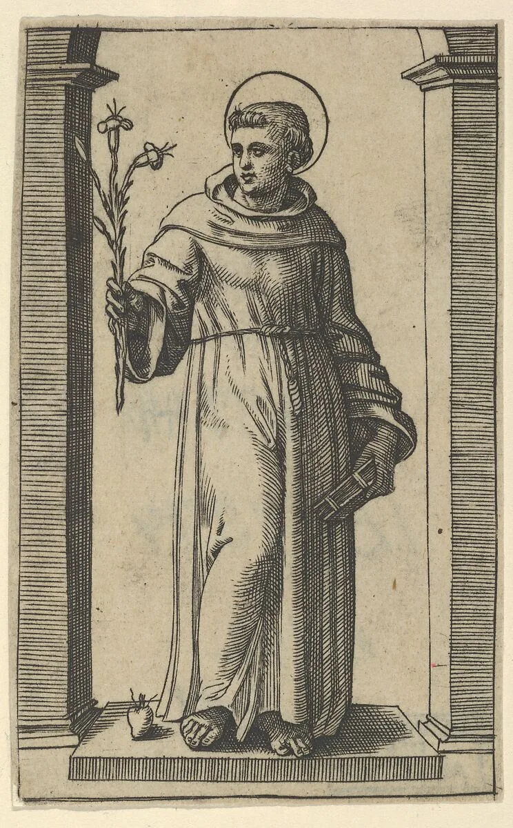 Saint Anthony of Padua standing, lillies in his raised right hand, a book in his left, from "Piccoli Santi" (Small Saints) — Marcantonio Raimondi