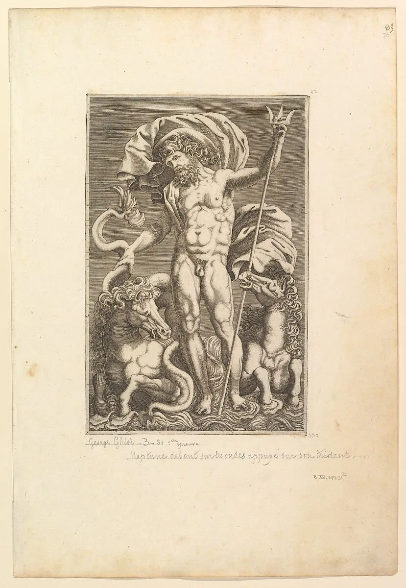 Neptune Between Two Sea Horses — Giorgio Ghisi|Perino del Vaga (Pietro Buonaccorsi)|Anonymous, Italian?, 16th century