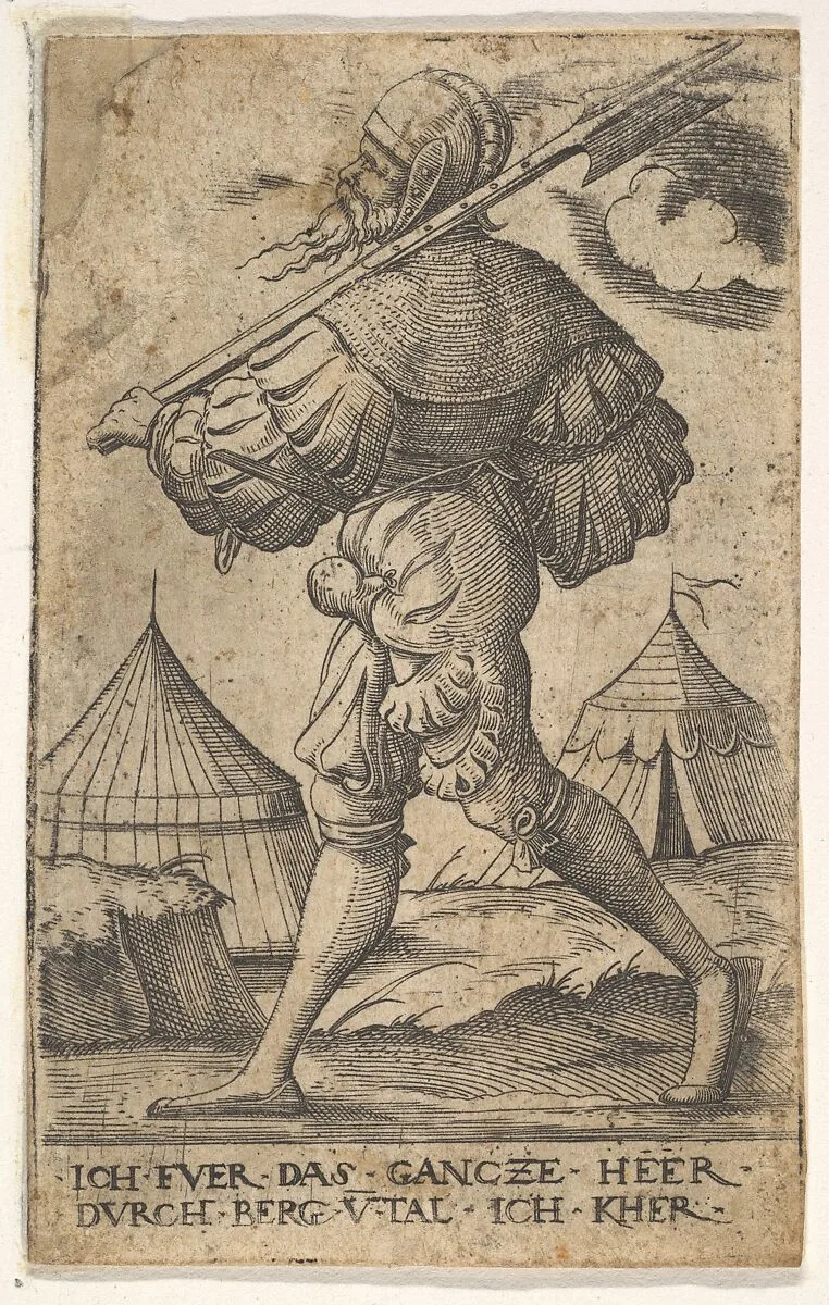 Halberdier walking left and carrying a halberd over his left shoulder, two tents beyond, from the series 'Twelve soldiers of different ranks' — Virgil Solis