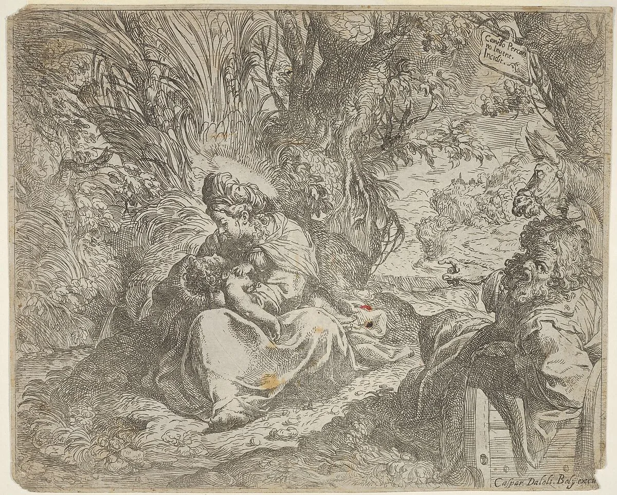 Rest on the flight into Egypt, the Virgin seated on grass in a grove with the Christ Child in her lap, at right Joseph reclines and points toward them, a donkey beyond Joseph — Camillo Procaccini|Gaspare dall'Oglio