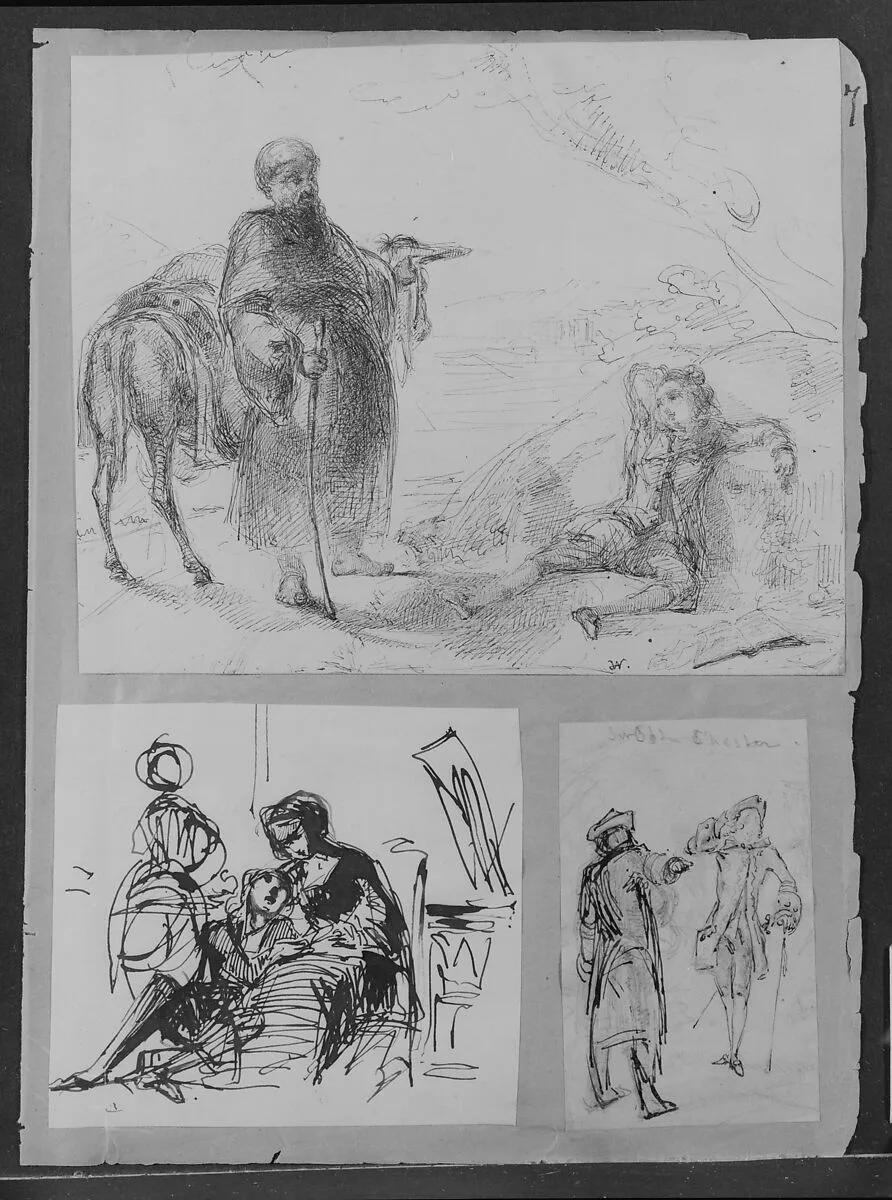 Man with Donkey and Reclining Boy (Recto); Two Areas Blocked in Blue: Head of Man, Female Head and Head (Verso) (from Sketchbook) — James McNeill Whistler