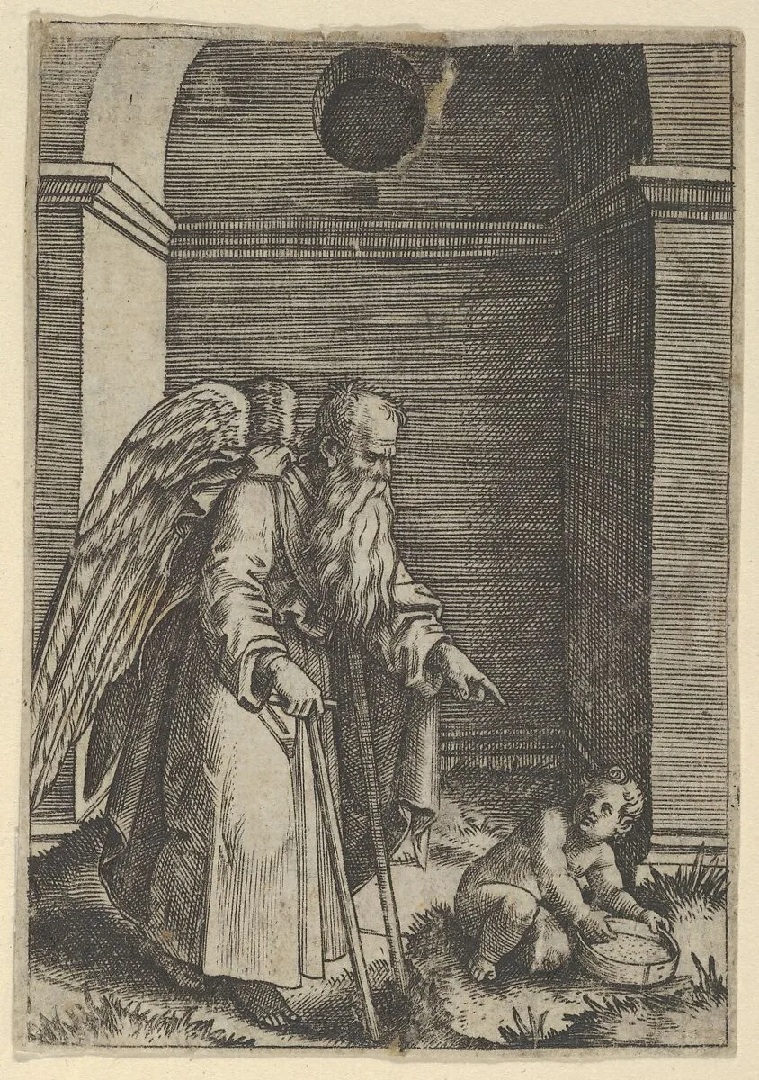 An elderly winged man with a long beard walking with crutches, possibly representing Time gesturing towards a young child holding a sieve — Marcantonio Raimondi