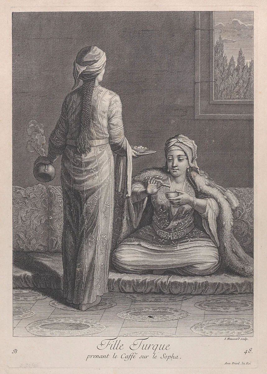 Fille Turque, prenant le Caffé sur le Sopha, plate 48 from "Recueil de cent estampes représentent differentes nations du Levant" — Jean-Baptiste Haussard|Jean Baptiste Vanmour|Jacques le Hay