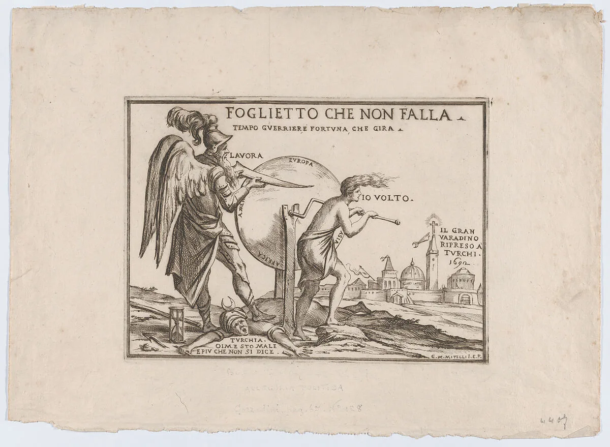 An allegory relating to the fortunes of the Turks, a winged figure probably representing Time stands on a fallen Turk while sharpening a blade on a wheel inscribed with the continents that is being turned by a semi-dressed figure, at right the city of Vardino (northwest Romania near the Hungarian border) that was held by the Turks from 1660 to 1692. — Giuseppe Maria Mitelli