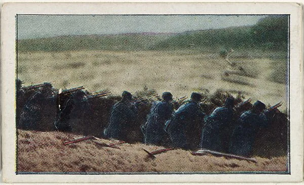 Card No. 10, French Infantry Directing Grueling Fire from Rapidly Dug Trenches, from the World War I Scenes series (T121) issued by Sweet Caporal Cigarettes — Underwood & Underwood|American Tobacco Company