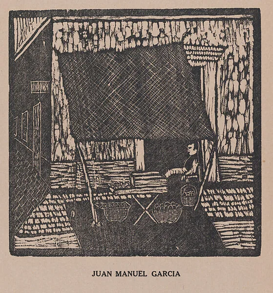 A man sitting in a doorway sheltered by an awning selling fruit from baskets, from the portfolio 'Los pequeños grabadores en madera, alumnos de la Escuela Preparatoria de Jalisco' (Guadalajara, Mexico 1925). — Juan Manuel García