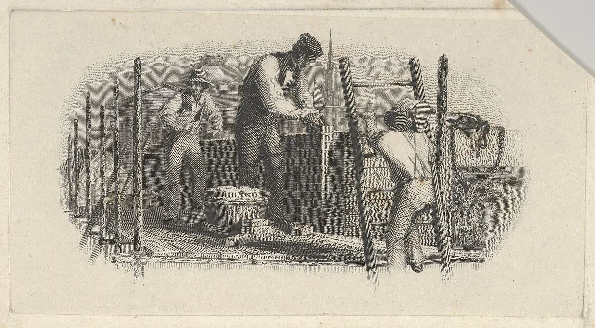 Banknote vignette showing three men on a scaffold laying a brick wall — Asher Brown Durand|A. B. & C. Durand & Company|Durand, Perkins, and Company