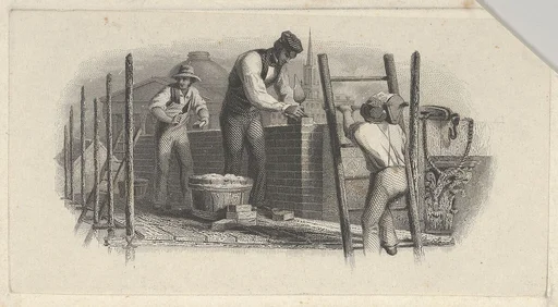 Banknote vignette showing three men on a scaffold laying a brick wall