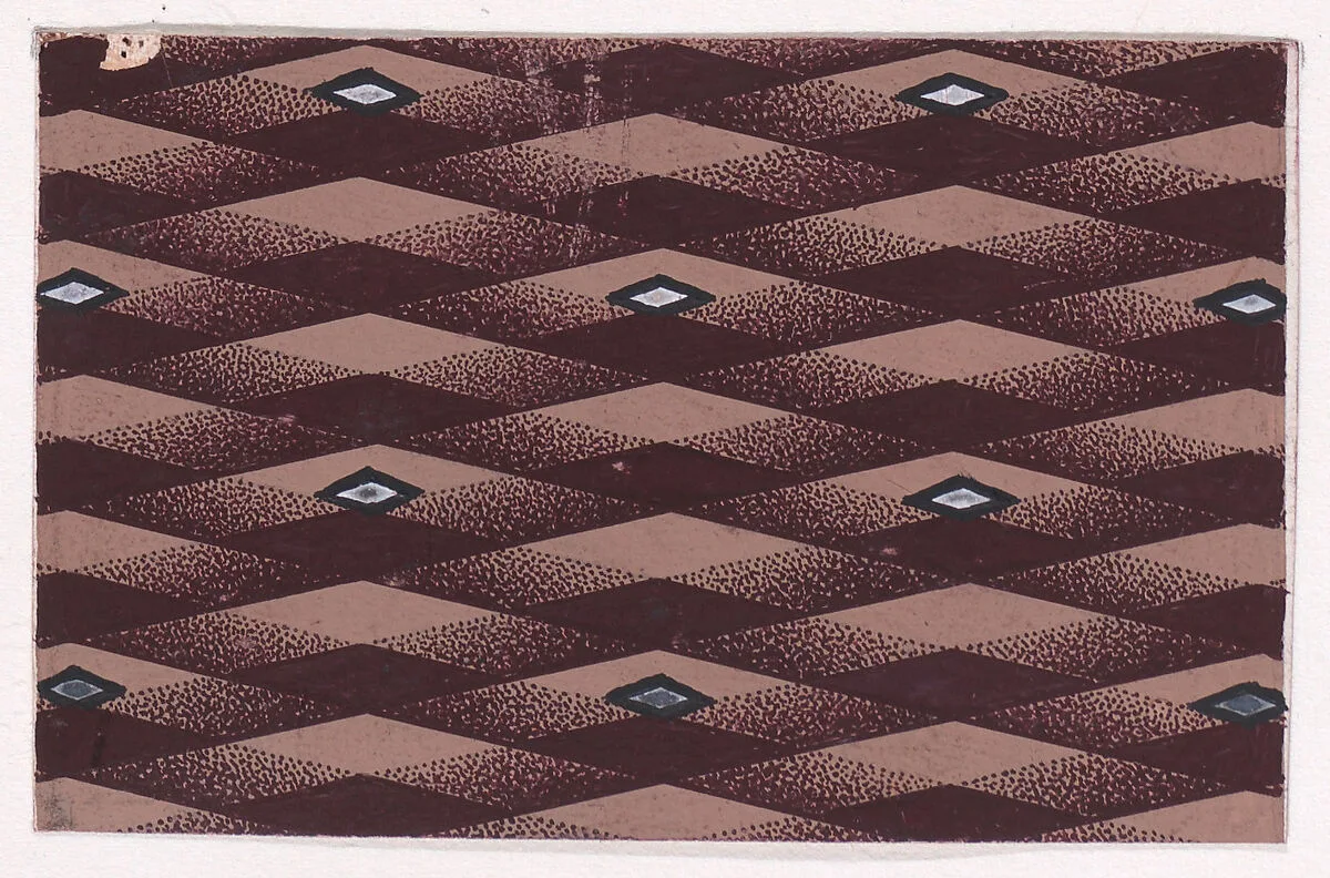 Textile Design with Alternating Vertical Rows of Lozenges over a Background of Intersecting Diagonal Ribbons — Anonymous, Alsatian, 19th century