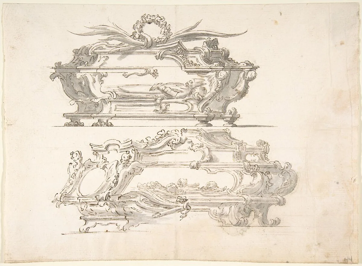 Designs for Two Reliquary Caskets; at top Bishop; at bottom: Skulls and Bones — Anonymous, Italian, Piedmontese, 18th century