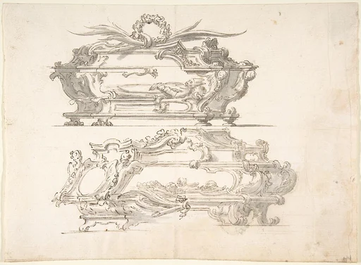Designs for Two Reliquary Caskets; at top Bishop; at bottom: Skulls and Bones