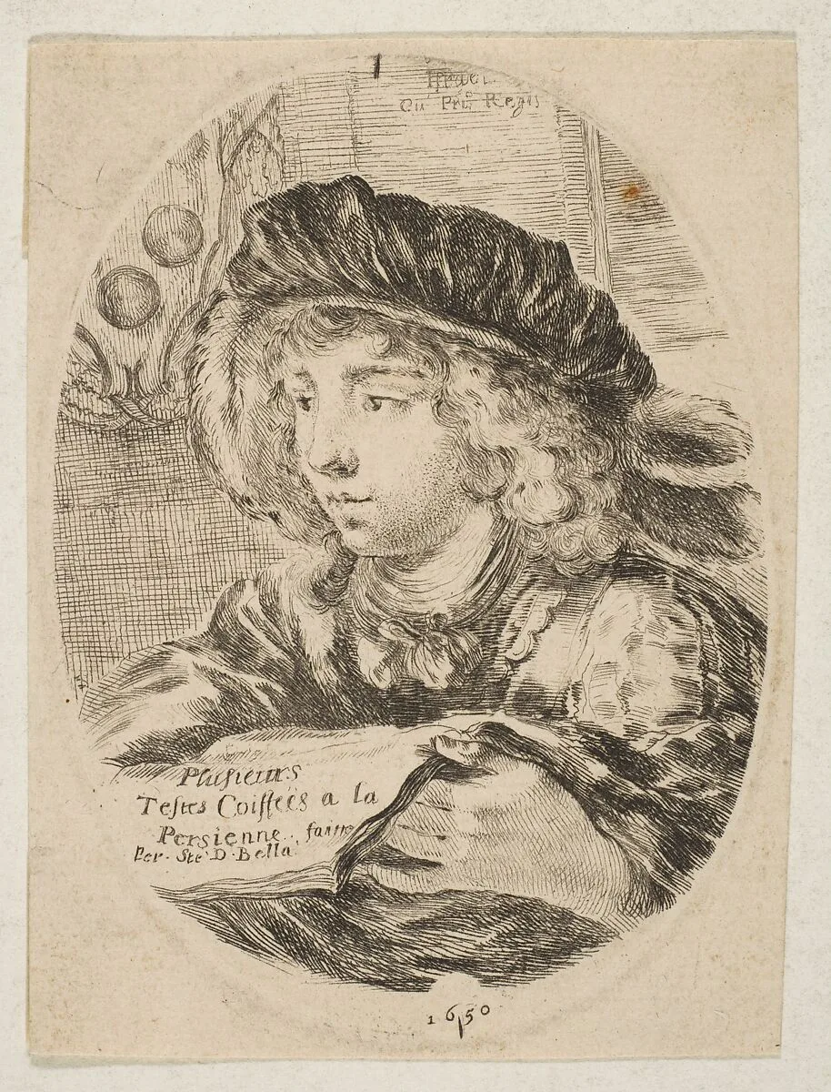 A bust of a young man wearing a cap with feathers, turned three-quarters to the left, the coat of arms of the Grand Duke of Tuscany in top left, title page from 'Several heads in the Persian style' (Plusieurs têtes coiffées à la persienne) — Stefano della Bella|Israël Henriet