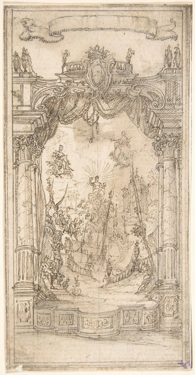Design for a Stage Set or Illustration in a Fête Book with a Blank Scroll Above — Giovanni Larciani ("Master of the Kress Landscapes")
