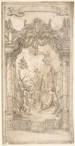 Design for a Stage Set or Illustration in a Fête Book with a Blank Scroll Above