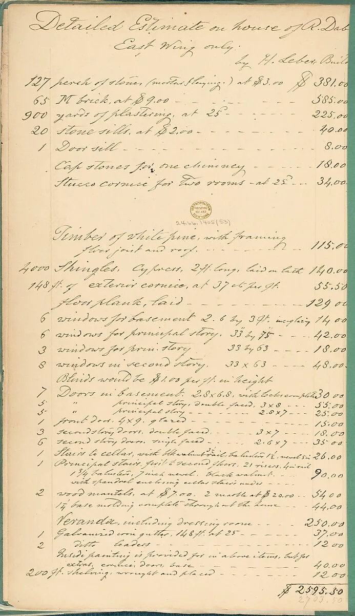 Detailed Estimate on House of R. Dabney, Powhatan, Virginia, East Wing — Alexander Jackson Davis