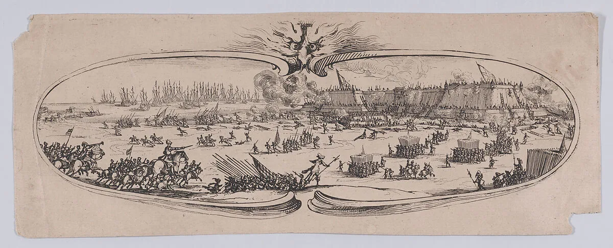 Border at Lower Left: L'Assault Genéral des Anglais a la Citadelle (The Assault of the English General on the Citadel), from an etching on six plates of a central battle scene framed by ten additional plates, entitled Siège de la Citadelle de St-Martin dans l'Île de Ré (Siege of the Citadel of St. Martin on the Île de Ré) — Jacques Callot|Abraham Bosse