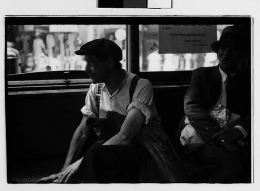 [Two 35mm Film Frames: Passengers on Bus or Streetcar, and Young Woman and Boy Standing on Street, New York City]