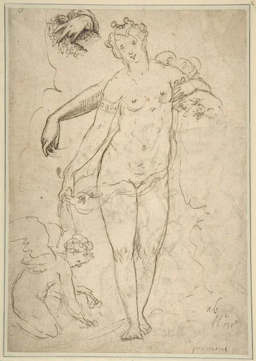 Standing Nude Female and Putto with Studies of a Hand and an Arm (recto); Satyrs destroying a Female Herm (verso)