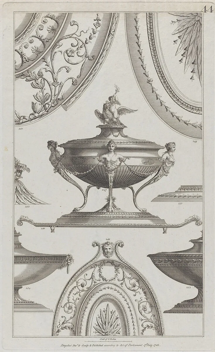 Vases and Vessels, nos. 248–254, plate 44 from "Designs for Various Ornaments" — Michelangelo Pergolesi