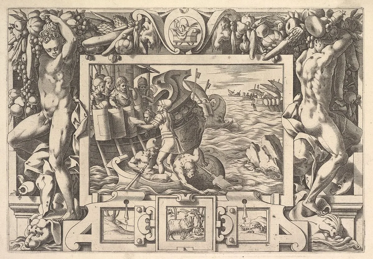 Aeëtes Gathers the Limbs of Absyrtes (Tandis qu'il fait les membres ramasser, Grecs font devoir de leurs voiles haulser...), from "Jason and the Golden Fleece" — René Boyvin|Leonard Thiry