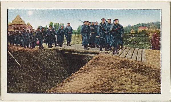 Card No. 53, British Naval Brigades Outside Antwerp, from the World War I Scenes series (T121) issued by Sweet Caporal Cigarettes — Underwood & Underwood|American Tobacco Company