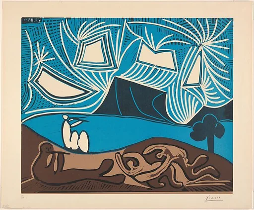 Couple and Flutist at the Edge of a Lake
