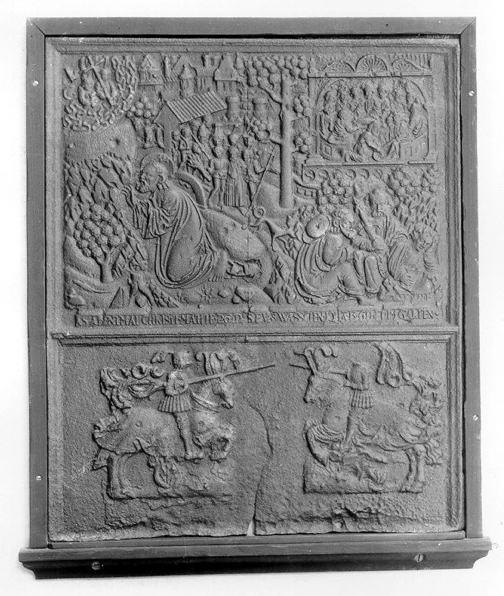 Fireback with New Testament Scenes and Two Knights Jousting — Unknown