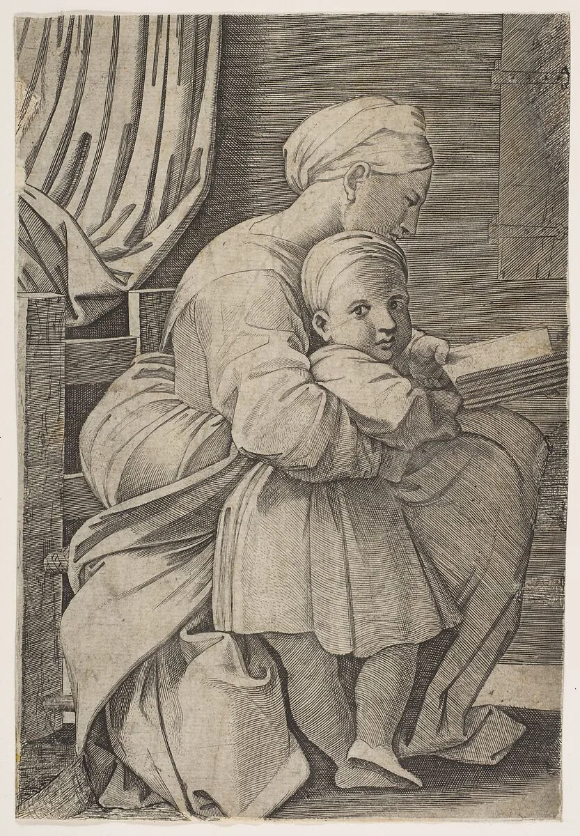 The Virgin in profile facing right reading to the infant Christ — Marco Dente|Raphael (Raffaello Sanzio or Santi)
