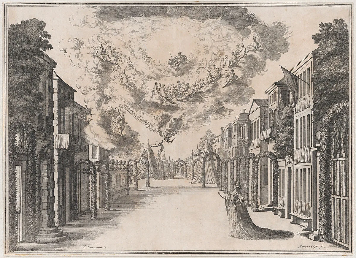 A woman standing on an empty street, gazing up at the Olympian gods in the sky; set design from 'Il Fuoco Eterno' — Ludovico Ottaviano Burnacini|Mathäus Küsel