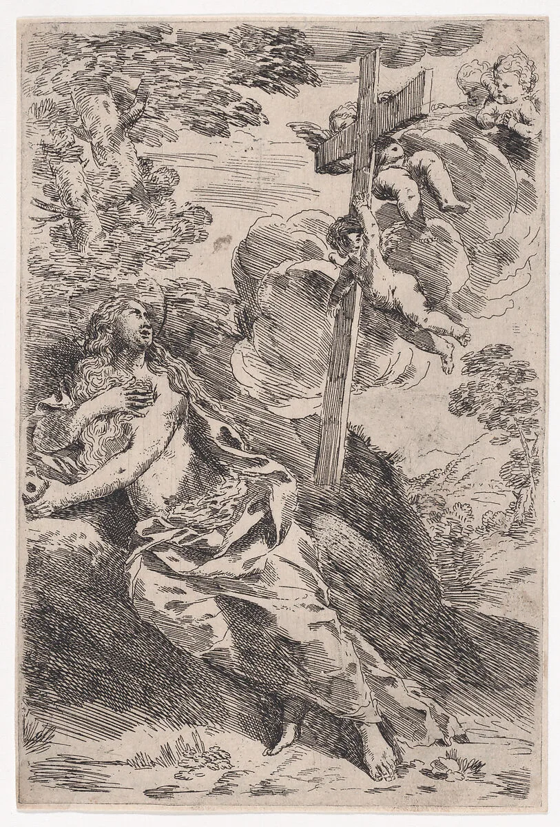 Mary Magdalene in the desert, a cross borne by angels at the right — Pietro Testa
