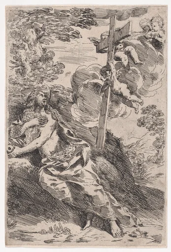 Mary Magdalene in the desert, a cross borne by angels at the right
