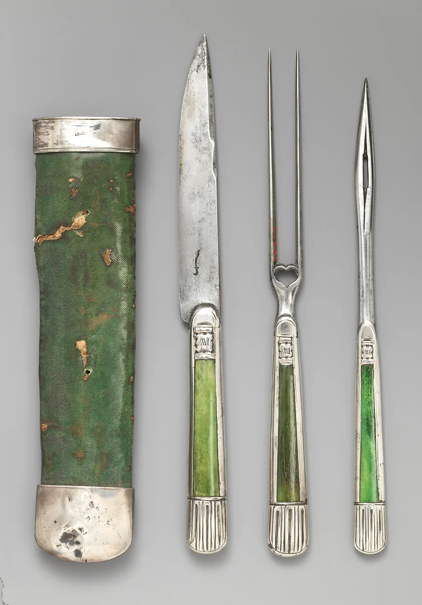 Knife, fork, and skewer needle with case — Unknown